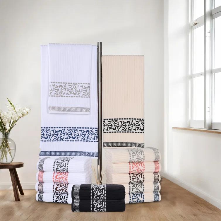 Superior Athens Cotton Medium Weight Floral Border Greek Key Trim 8 Piece Assorted Towel Set by Superior