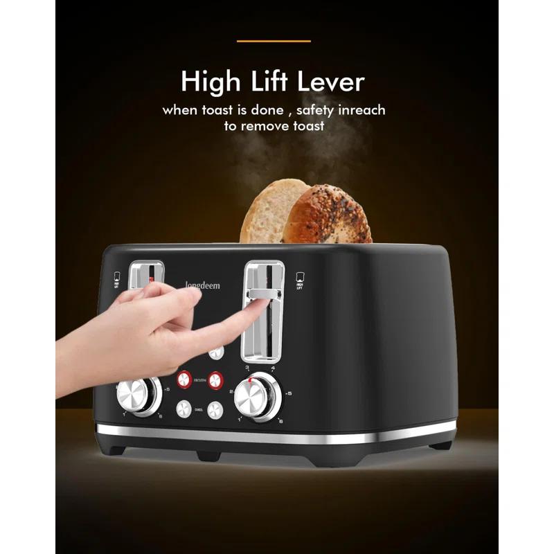 LONGDEEM 4 Slice Toaster, Extra Wide Slots, Longdeem Retro Stainless Steel Toasters, 6 Browning Options, Auto Shut Off & Frozen Function, Toast Fruit Bread, Bagel & Waffle