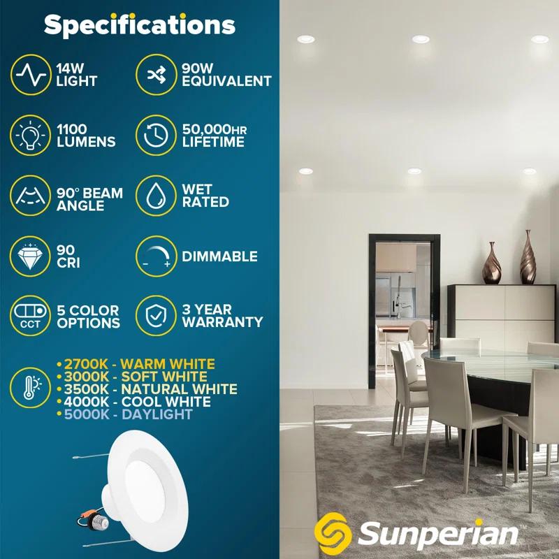 Sunperian SP34205-4PC 6'' Selectable Color Temperature Dimmable Air-Tight IC Rated LED Retrofit Recessed Lighting Kit (Set of 4)