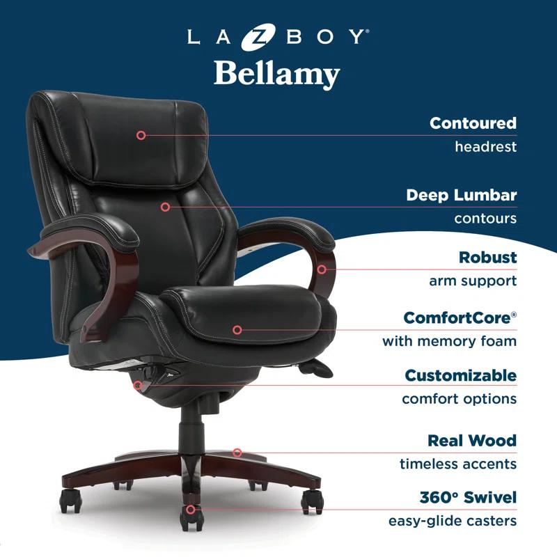 La-Z-Boy La-Z-Boy Bellamy Executive Office Chair with Memory Foam Cushions, Real Wood Arms and Swivel Base, Waterfall Seat Edge, Faux Bonded Leather