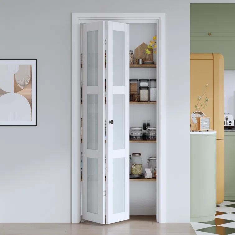 EASELIFE Frosted Glass And Solid Manufactured Wood Bi-Fold Door With Installation Hardware Kit