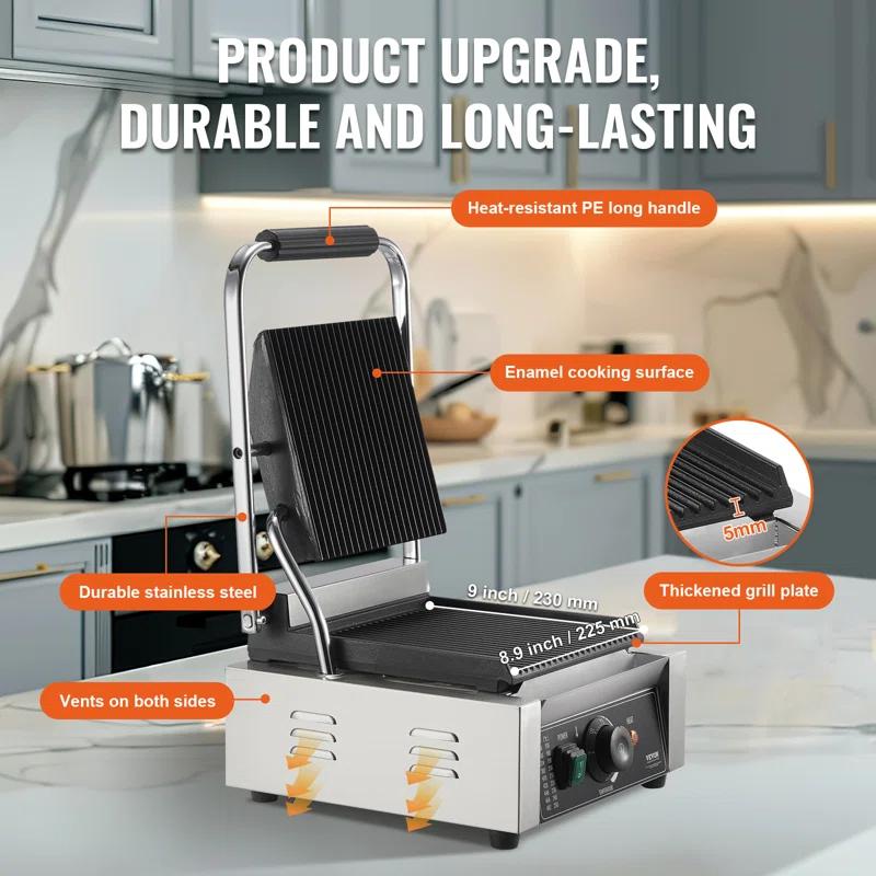 VEVOR VEVOR Commercial Panini Press Grill Electric Sandwich Maker Griddle Plate 9"x9"