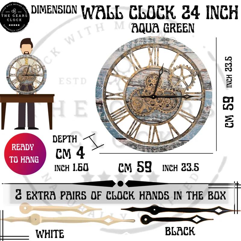 The Gears Clock Wall Clock 24" Round Oversized for Living Room decor with Real Moving Gears America Collection