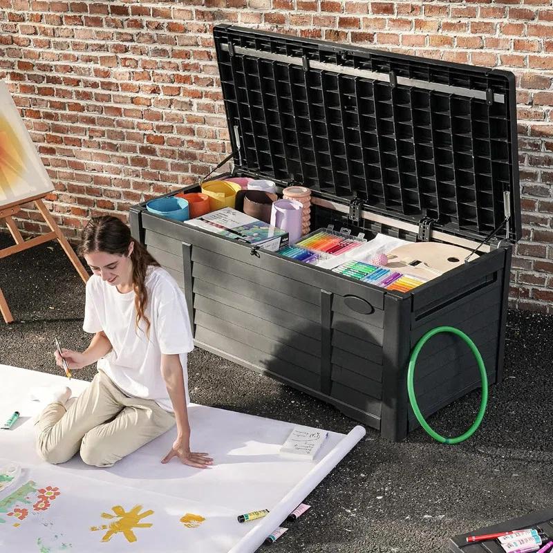 GEMBIK 120 Gallon Large Deck Box Waterproof Outdoor Storage Box, Resin Louvered Patio Storage , Black