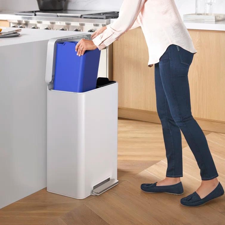 Reset 11 Gallon Dual Compartment Kitchen Trash Can, Stainless Steel Step Trash Can