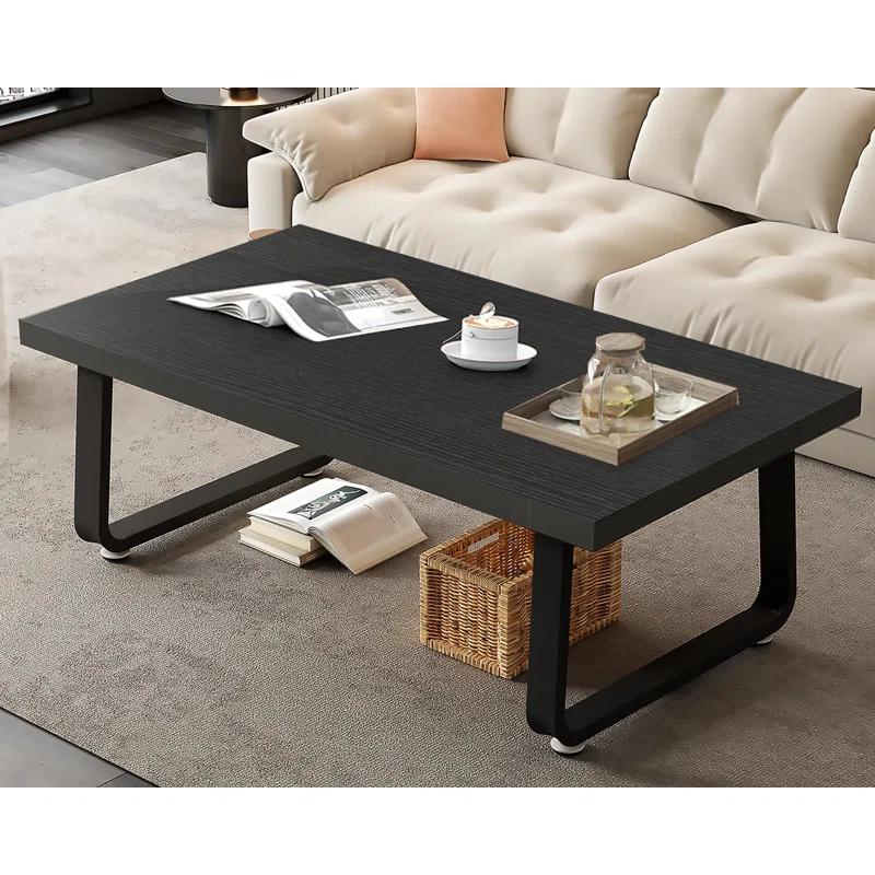 Latitude Run® Black Coffee Table, Industrial Wood And Metal Legs Center Table, Black Oak, 47 Inch