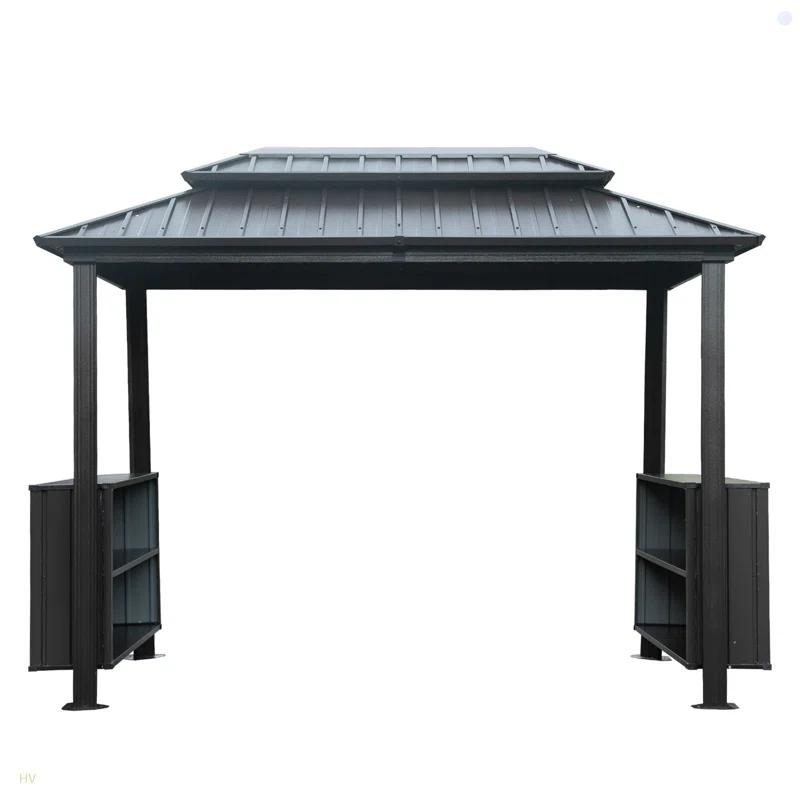 VODYXSEP Hardtop Grill Gazebo, Outdoor BBQ Gazebo With Double Galvanized Steel Roof, Patio Grill Canopy With 2 Cabinets And Ceiling Hooks For Backyard, Lawn, Garden