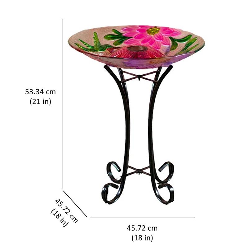 Solar Floral Glass Hummingbird Birdbath with Metal Stand