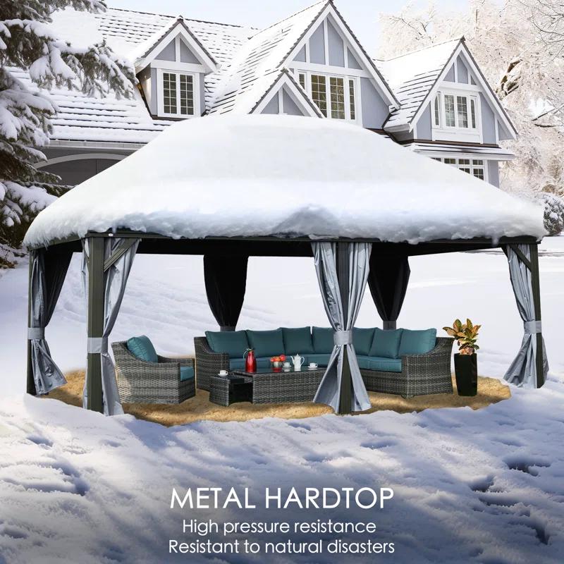 Kozyard Kozyard Alexander Gray Double Roof Hardtop Gazebo with Privacy Curtain Mosquito Netting