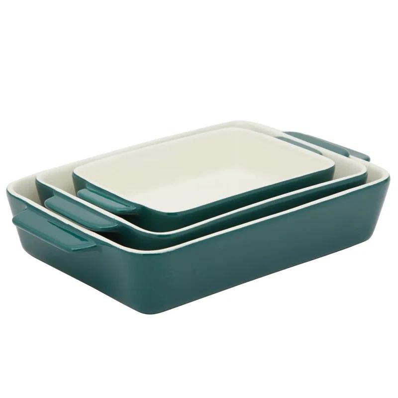 FETLOD 3 Piece Green Casserole Dishes For Oven Use, Baking, Rectangular Ceramic Bakeware Set In Assorted Sizes