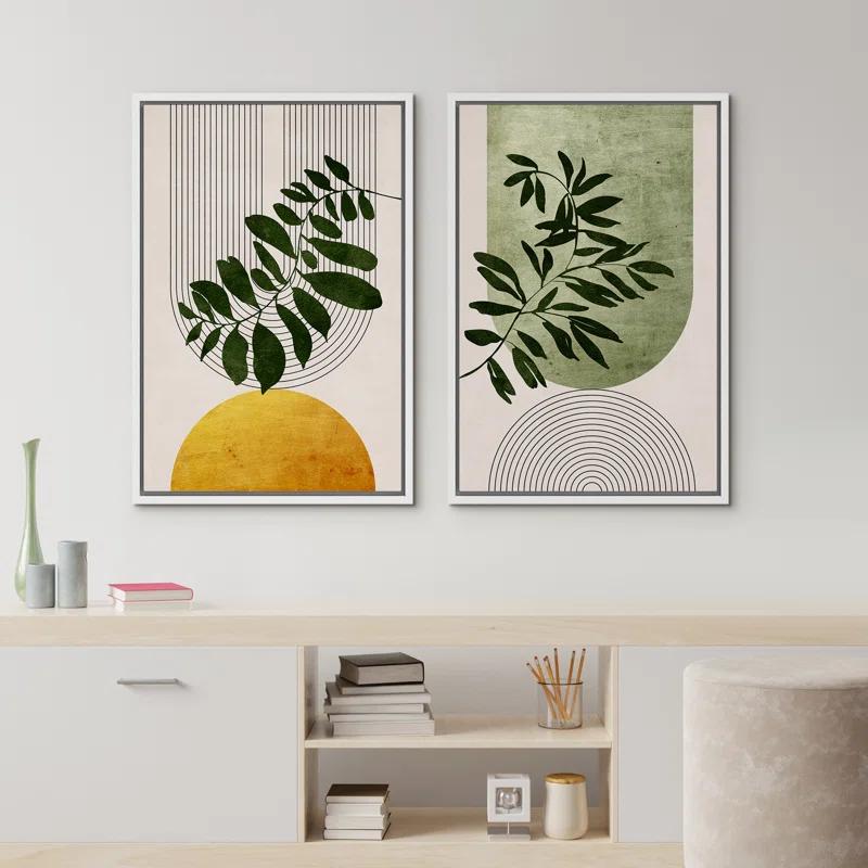 IDEA4WALL Mid Century Modern Boho Green Yellow Bright Plant Art Framed Canvas 2 Pieces Print  Wall Art Set