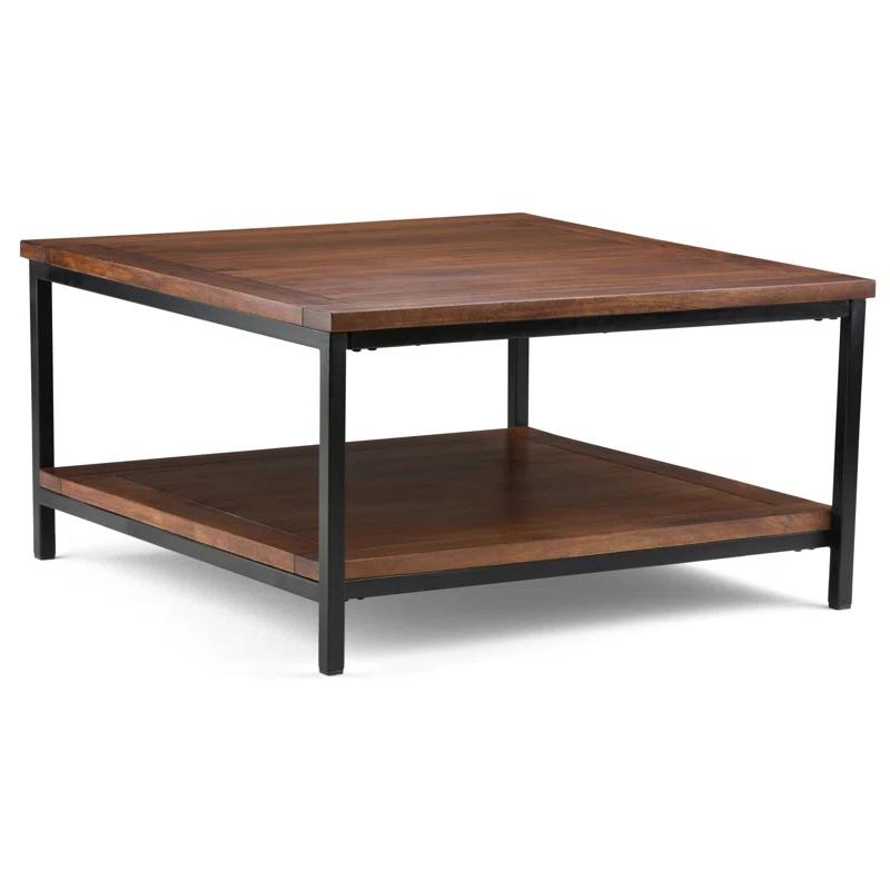 Simpli Home Skyler 34"W Solid Mango Wood Industrial Square Coffee Table with Open Shelf and Metal Frame