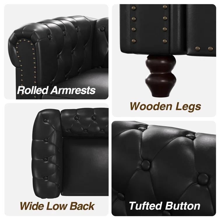 Alcott Hill® 72 Inch Couch Chesterfield Leather Sofa With Wooden Legs