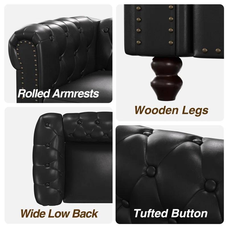 Alcott Hill® 72 Inch Couch Chesterfield Leather Sofa With Wooden Legs