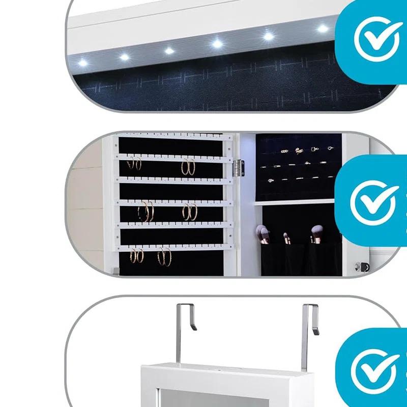 NIERBO Rustic Rectangular Wall-Mounted Jewelry Armoire With Built-In Lighted Mirror - Ultimate Jewelry Organizer For Women's Face Makeup - Perfect For Anniversary Gifts