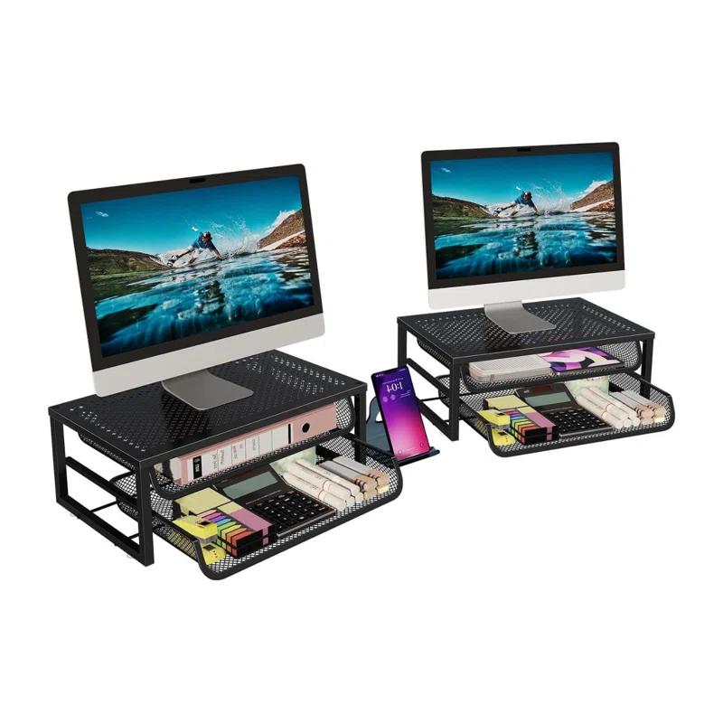 Inbox Zero 2 Pack 2-Tier Metal Monitor Stand Riser And Computer Desk Organizer With 2 Drawer For Laptop, Computer, Imac, Black
