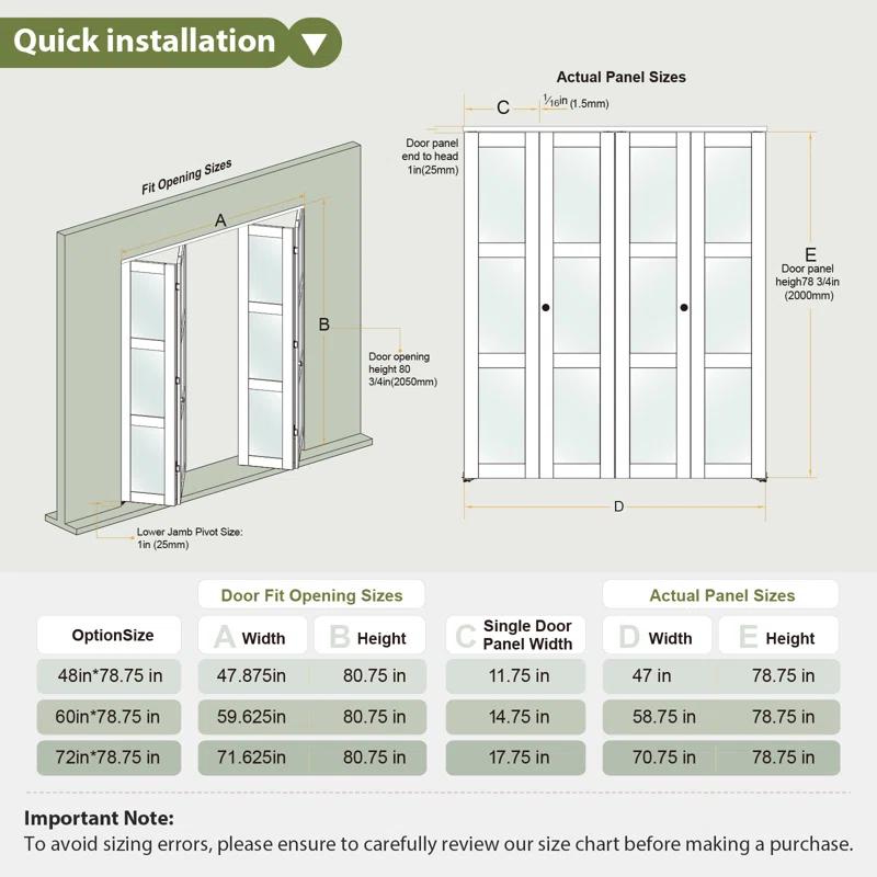 Frosted Glass And Solid Manufactured Wood Bi-Fold Door With Installation Hardware Kit