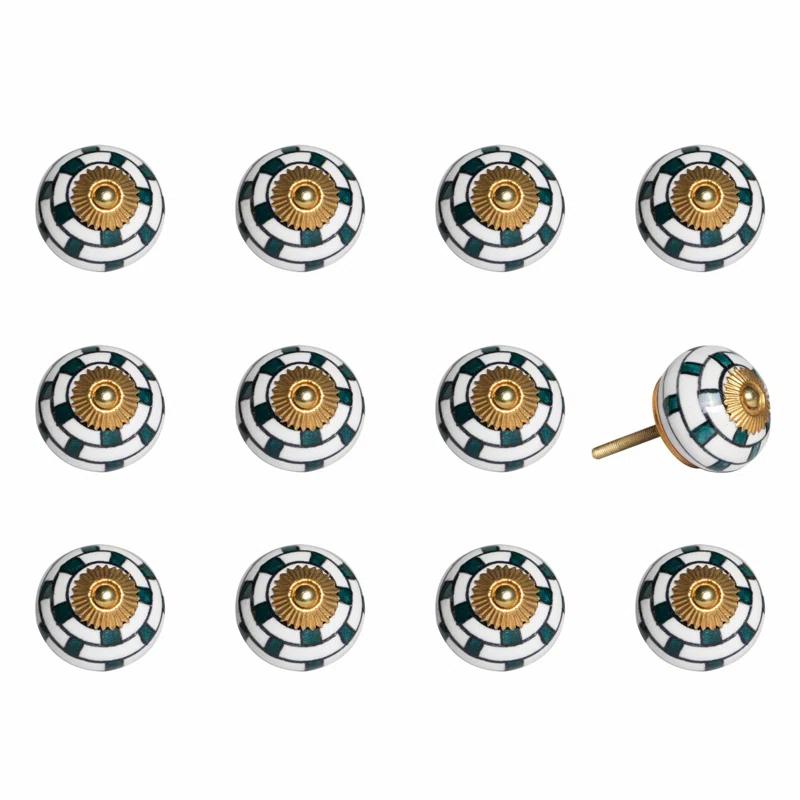 HomeRoots 1.5" x 1.5" x 1.5" White, Teal and Gold - Knobs 12-Pack