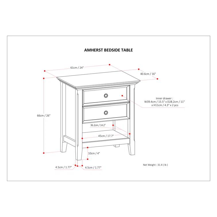 Simpli Home Amherst 24"W 2-Drawer Solid Wood Nightstand with Open Shelf & Reviews | Wayfair