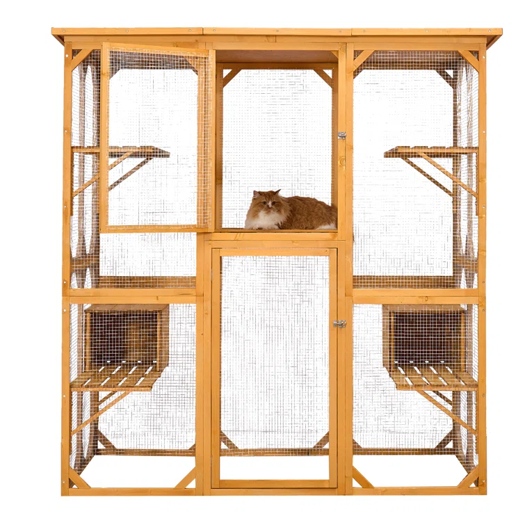 Gracie Oaks Outdoor Cat Enclosure with Roof 72" Height Cat Wooden House Large Cat Catio