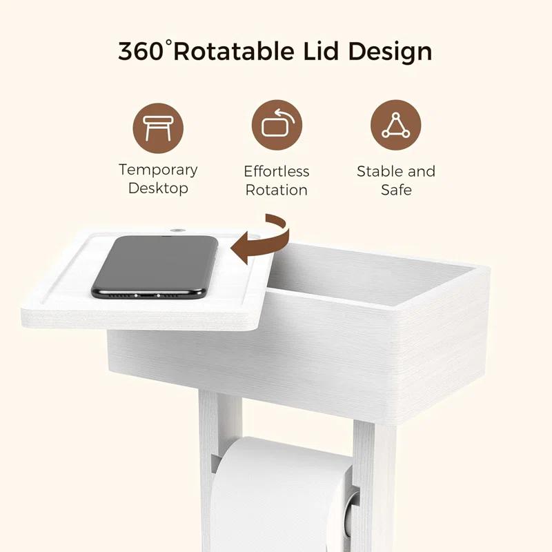Hokku Designs 4-In-1 Bamboo Toilet Paper Holder Stand With Storage Shelf, Free Standing Toilet Tissue Roll Organizer, 360° Rotating Lid, Extra Storage For Bathroom Essentials