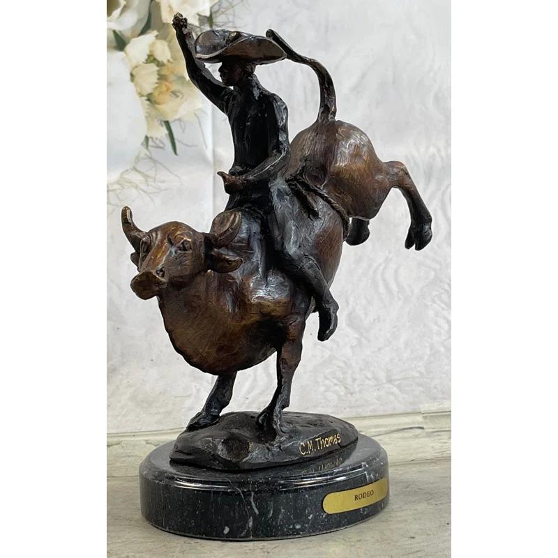 Trinx Rashee Rodeo Bull Rider Cowboy Bronze Statue Sculpture Marble Base Western Decor 9 Inches X 9 Inches