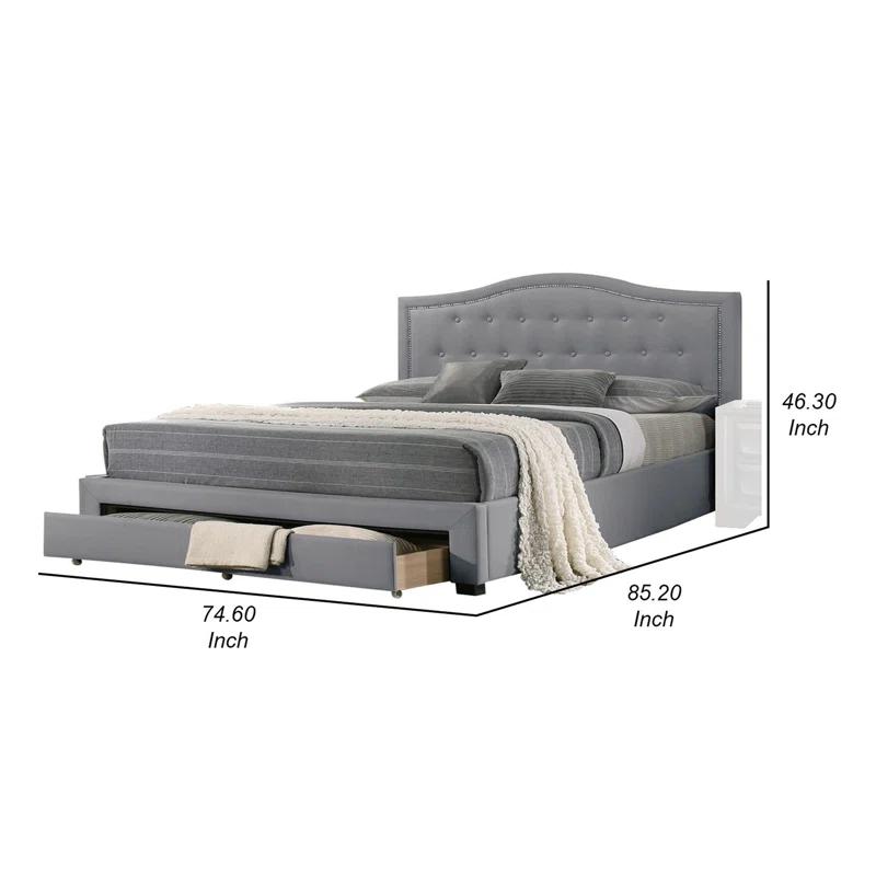 Benjara Sey  Bed W Storage Footboard, Light Gray Burlap Upholstery