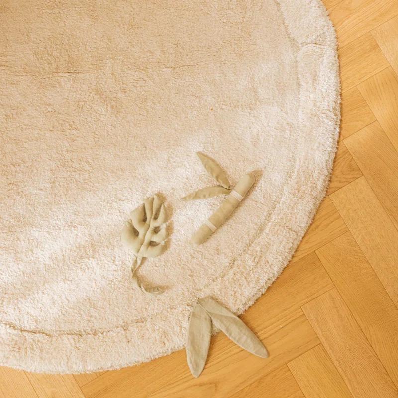 Lorena Canals Round Hand Tufted 3'11.25" x 3'11.25" Cotton/Bamboo Slat / Seagrass Area Rug in Natural/Ivory/Olive