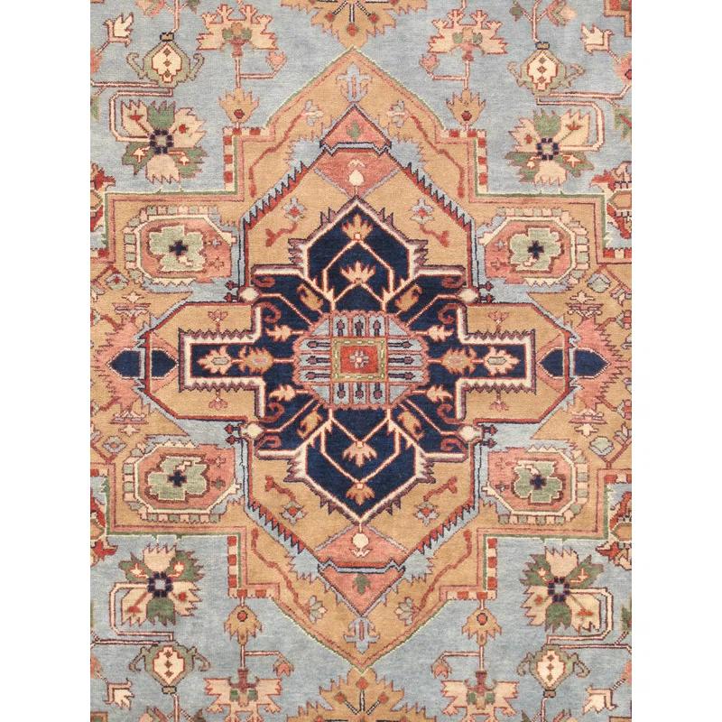 Serapi Hand-Knotted Wool Oriental Area Rug in Light Blue/Ivory/Navy/Yellow