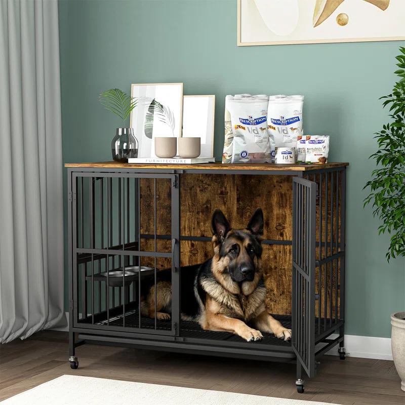 Modern Kennel with Multi-Functional Design for Dogs up to 80 LB, Featuring a Lift Panel and 360 Degree Rotation of 3 Height Adjustable Feeding Bowls.