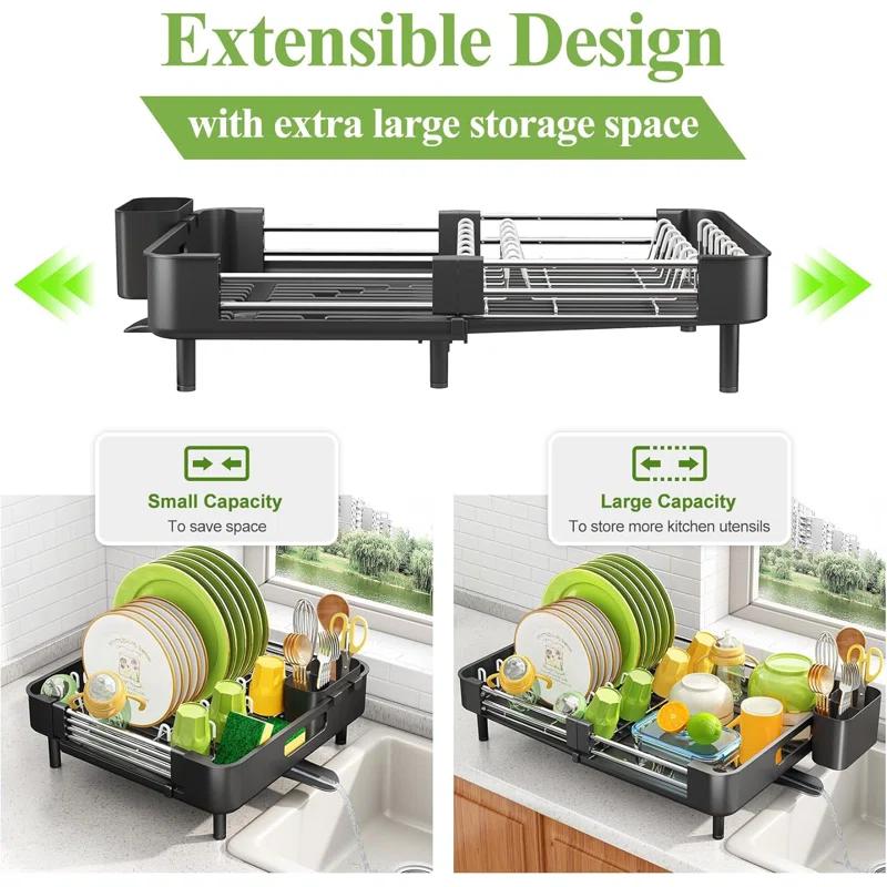 Anadea Expandable Dish Rack For Kitchen Counter, Large Dish Drainer, Stainless Steel Drying Dish Rack With Utensil Holder