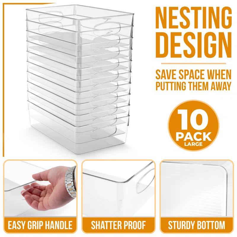 Sorbus Sorbus 10 Pack Narrow Clear Plastic Storage Bins with Handles for Shelves