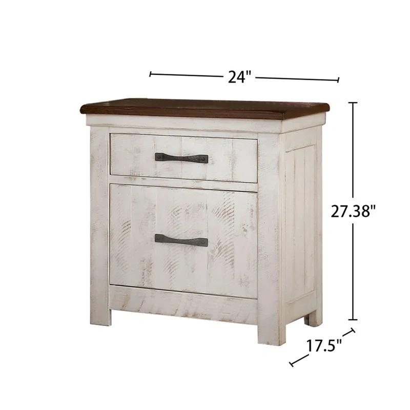 Bloomsbury Market 3 Drawers Nightstand with USB Chargers, Distressed White and Walnut