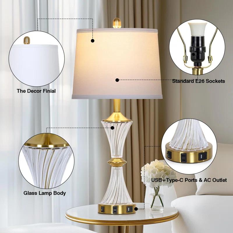 Rosdorf Park Crystal Glass Table Lamp Set of 2,Modern Bedroom Lamps