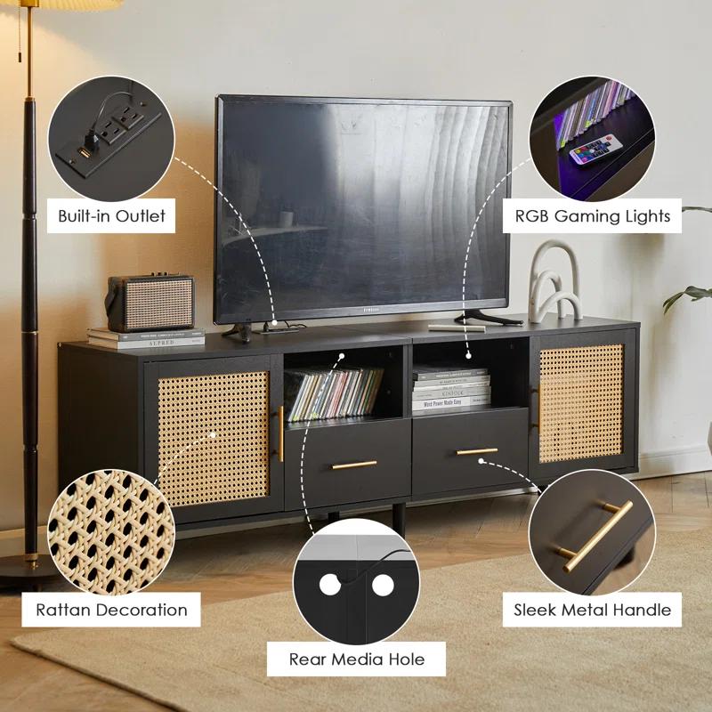 Bay Isle Home™ Heyer Large Wood Rattan TV Stand for TVs up to 75" with LED Light and Charging Station, Coastal Media Console Table, Multimedia Storage Furniture with 2 Drawers, Lighting TV Cabinet