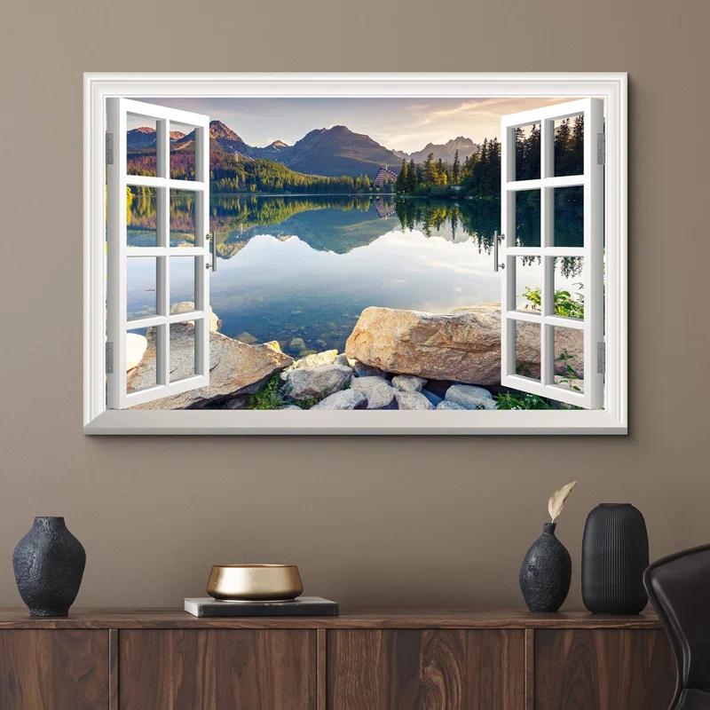 IDEA4WALL Window Scenery Green Peaceful Lake Natural Landscape Photography Pictures Canvas Print Wall Art