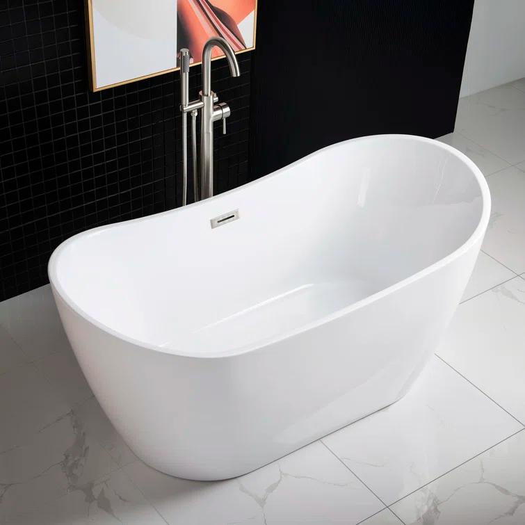 WoodBridge 59" x 28.75" Freestanding Soaking Acrylic Double Slipper Bathtub, Non-Slip Bottom Design BTA-1516