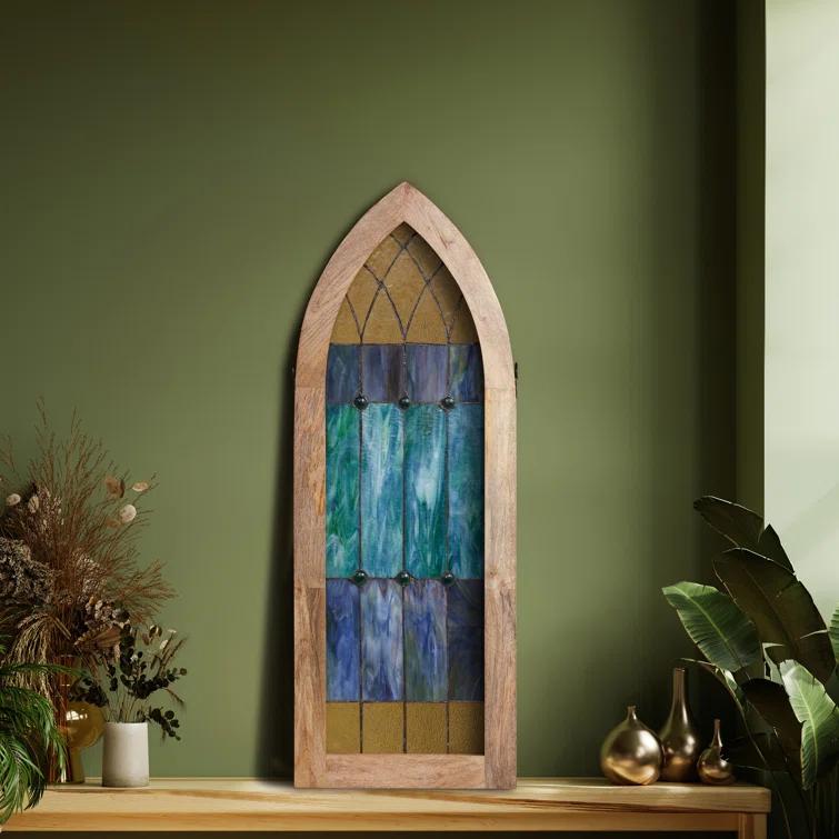 Loon Peak® 36"H Aqua Victorian Cathedral-Inspired Stained Glass Window Panel