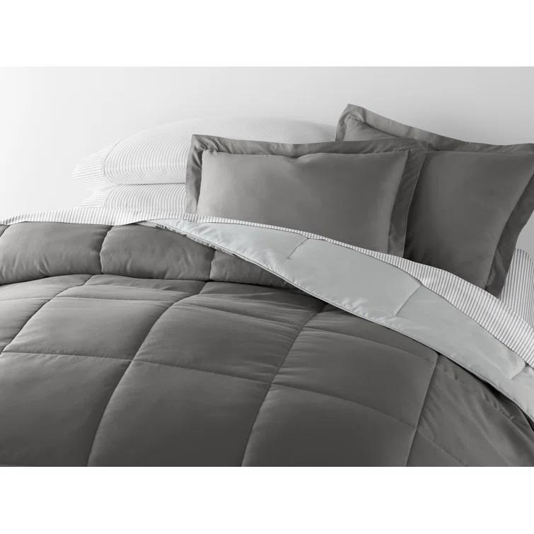IEnjoy Home 7-Piece Reversible Bedding Bundle - Solid Comforter and Patterned Sheet Set