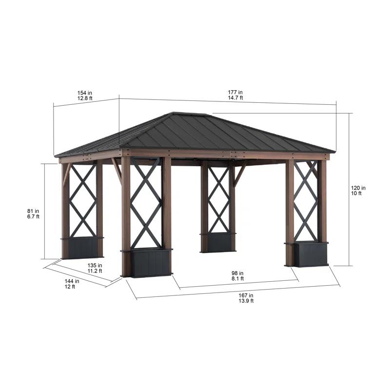 Sunjoy 13 ft. x 15 ft. Hardtop Gazebo, Outdoor Black Steel Roof Gazebo Aluminum Framed Gazebo with Planters and Ceiling Hook for Patio, Garden, and Backyard Activities