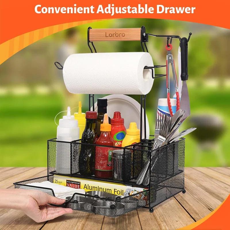 AMADA Large BBQ Utensil Storage Box With Drawer, Picnic Camping Storage Box With Paper Towel Holder, BBQ Tool Storage Box, Ideal Storage Box For Picnic Condiments And Outdoor Grill Accessories
