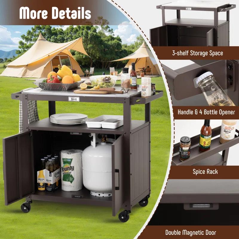 Feasto Feasto Outdoor Grill Cart with Stainless Steel Tabletop and Storage Cabinet, Movable Kitchen Island with Wheels for BBQ Food Prep