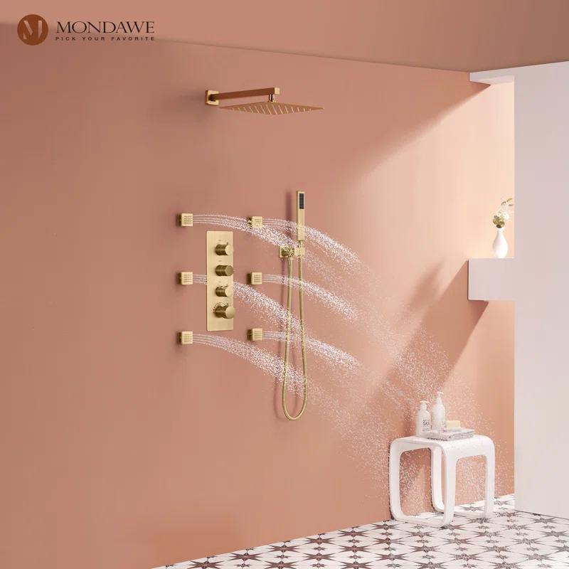3 Functions Wall Mount Thermostatic Complete Shower System with 6 Body Jets, Rough-in Valve