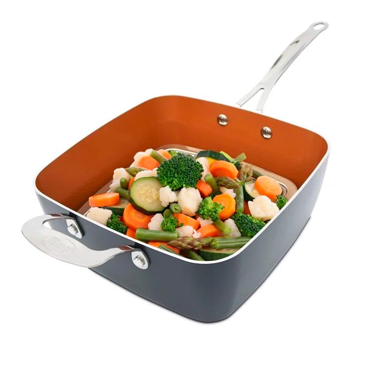 Gotham Steel Gotham Steel 9.5" Deep Squre Nonstick Pan with Steamer Tray, Fry Basket and Glass Lid