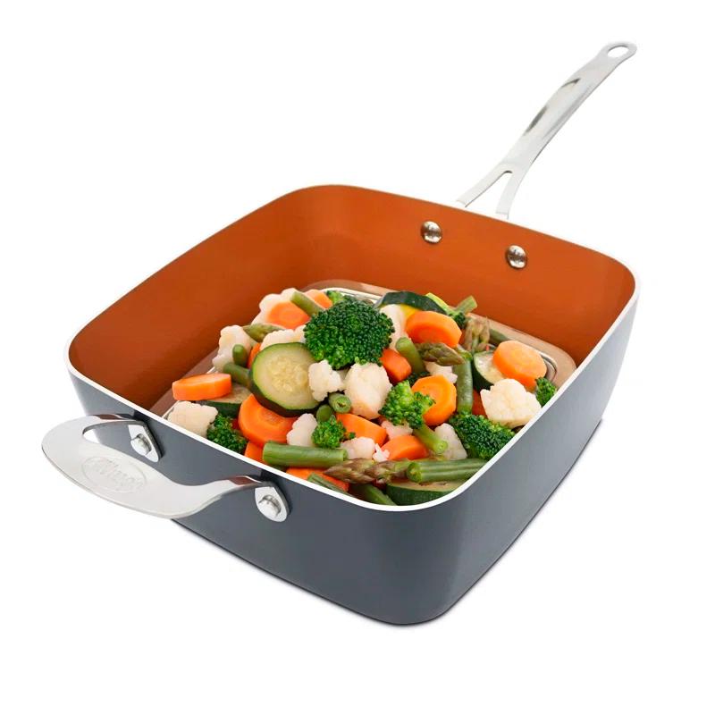 Gotham Steel Gotham Steel 9.5" Deep Squre Nonstick Pan with Steamer Tray, Fry Basket and Glass Lid