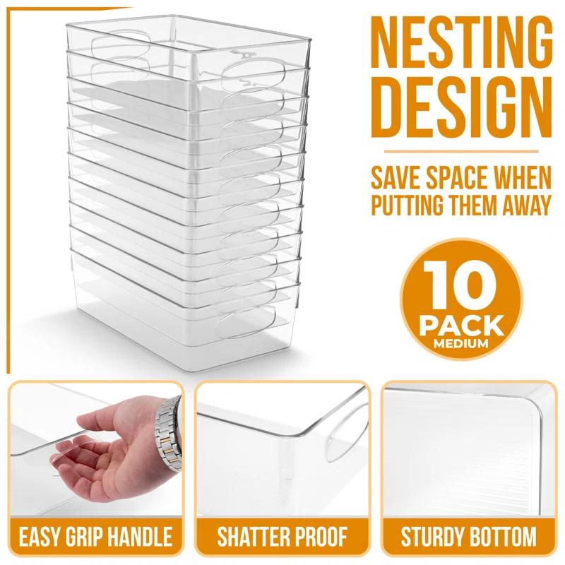 Sorbus Sorbus 10 Pack Narrow Clear Plastic Storage Bins with Handles for Shelves