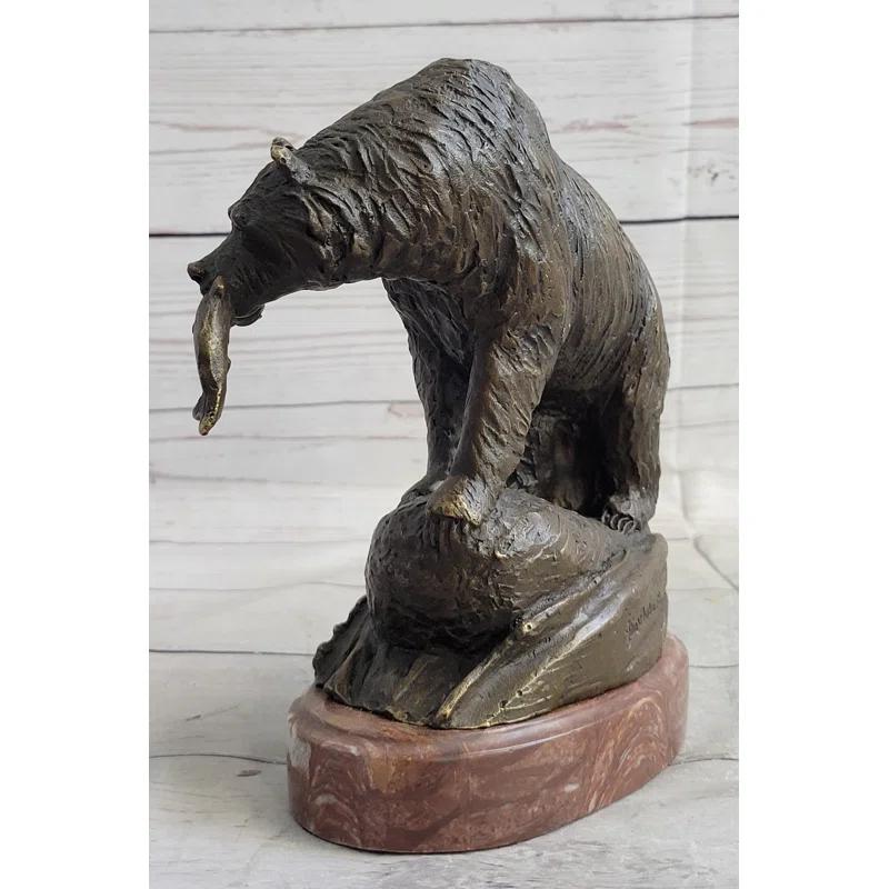 Loon Peak® Bear With Fish In Mouth Bronze Metal Sculpture Statue Wildlife Decor Art Marble Base