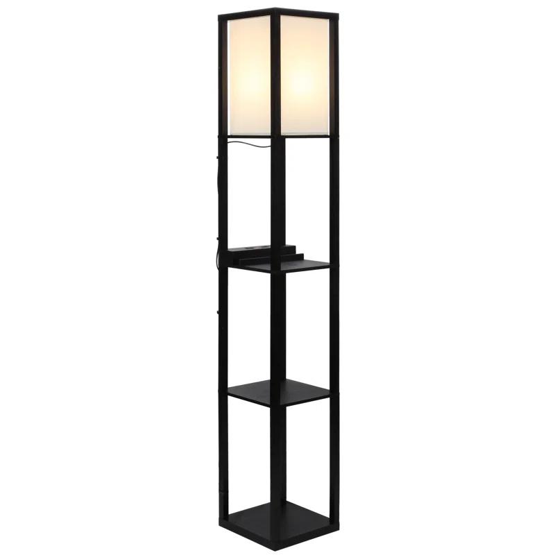 Brightech Maxwell 63 in. USB and Wireless Charging LED Floor Lamp with White Fabric Square Shade