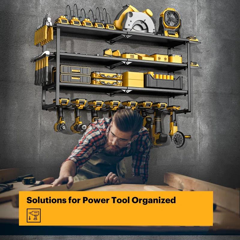 UNIVERSAL WINDOW SOLUTIONS Power Tool Organizer With Charging Station, 8 Drill Holder Wall Mount, 4 Layer Storage Rack For Garage Storage, Heavy Duty Utility Racks, Tool Battery Shelf With 6 Outlet Power Strip