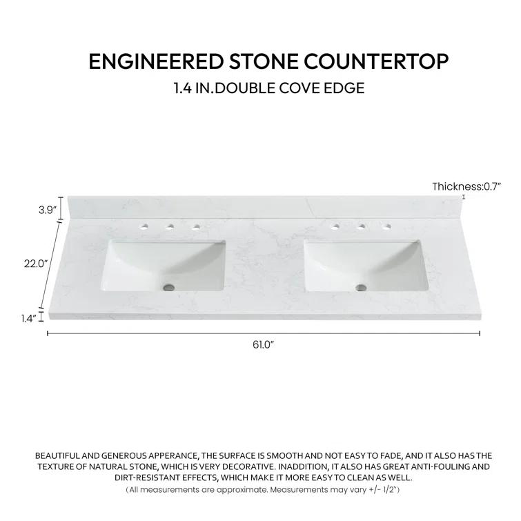 Vinnova Jaen 61'' Engineered Stone Double Vanity Top with Sink and 3 Faucet Holes | Wayfair